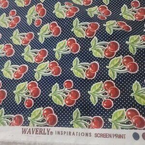 Waverly FABRIC Cotton Navy Blue White Red American Cherry Green Leaf 44" x 3.9"